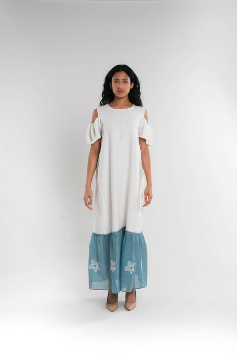 White & Blue Pearl Embellished Kaftan