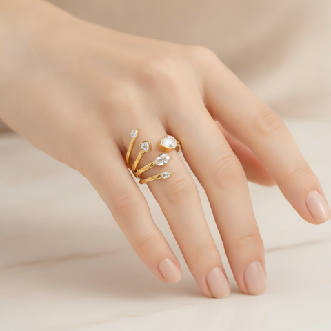 White Zircon Adjustable Open Ring - Teardrop Spiral