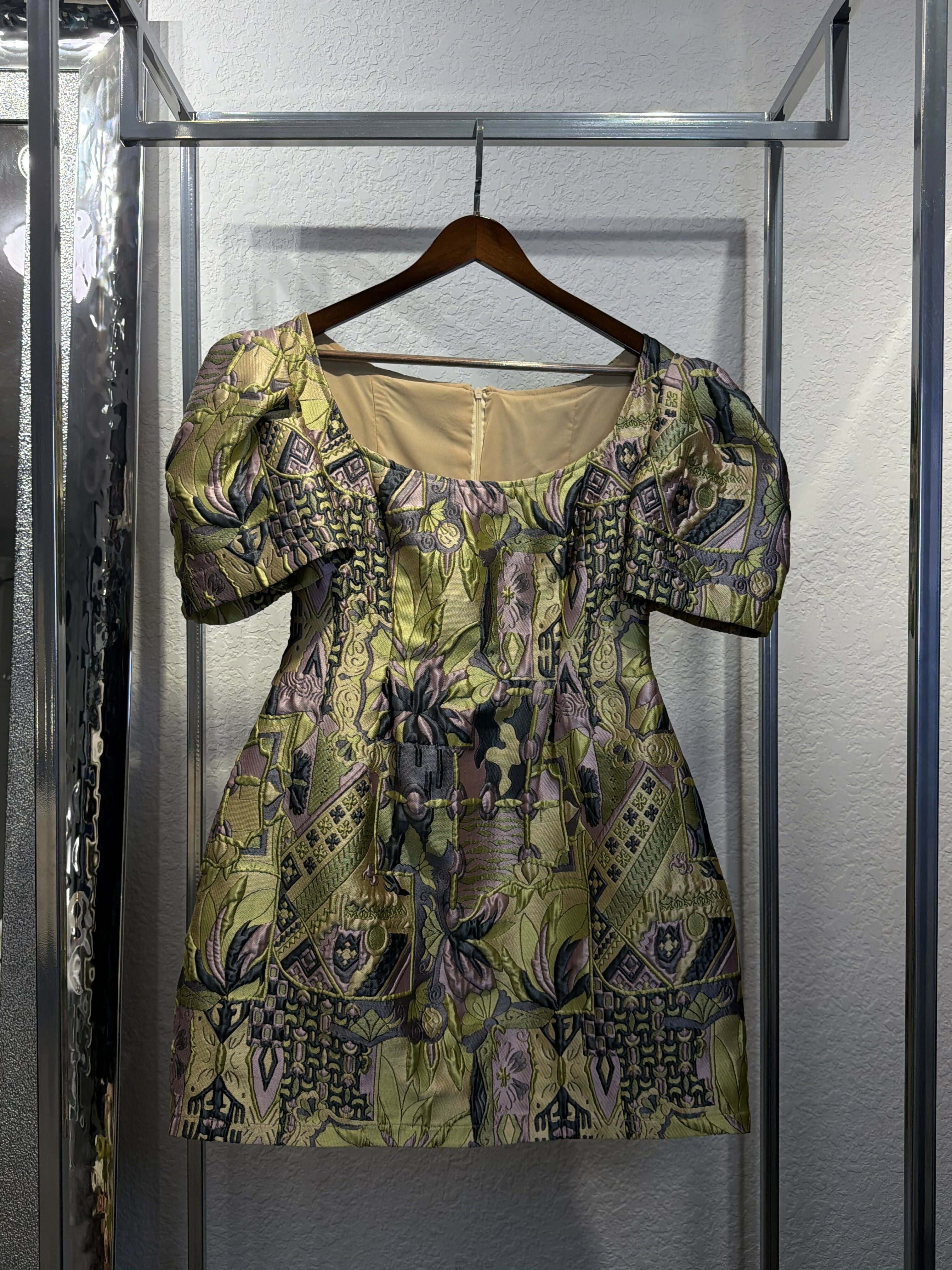 Icona Stile Jacquard Puff-Sleeve Mini Dress