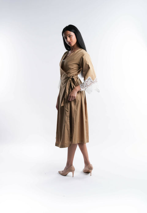 Brown Cotton Dress with White Lace Trim
