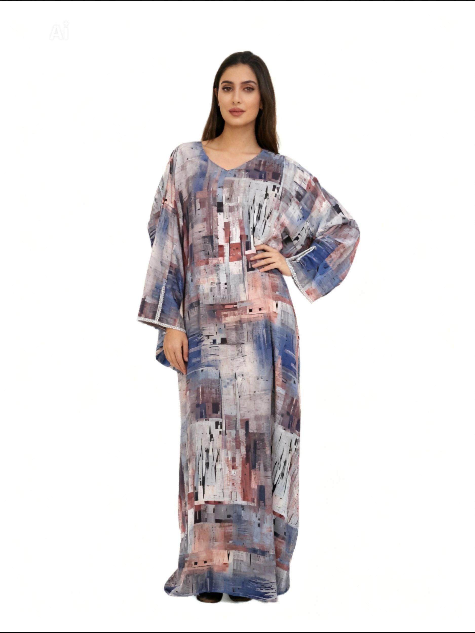 Dress-Jellabiya- Patterned Silk long Loose Style - With A luxury mixture of color-Sleeves with elegant and fashionable beads