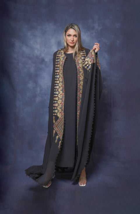 Handcrafted Embroidered Two-piece Silky Kaftan in Black Free Size
