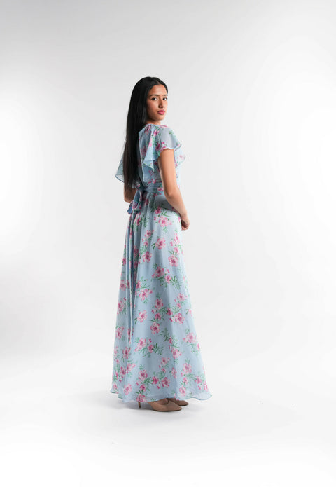 Light Blue Floral Chiffon Dress Lined