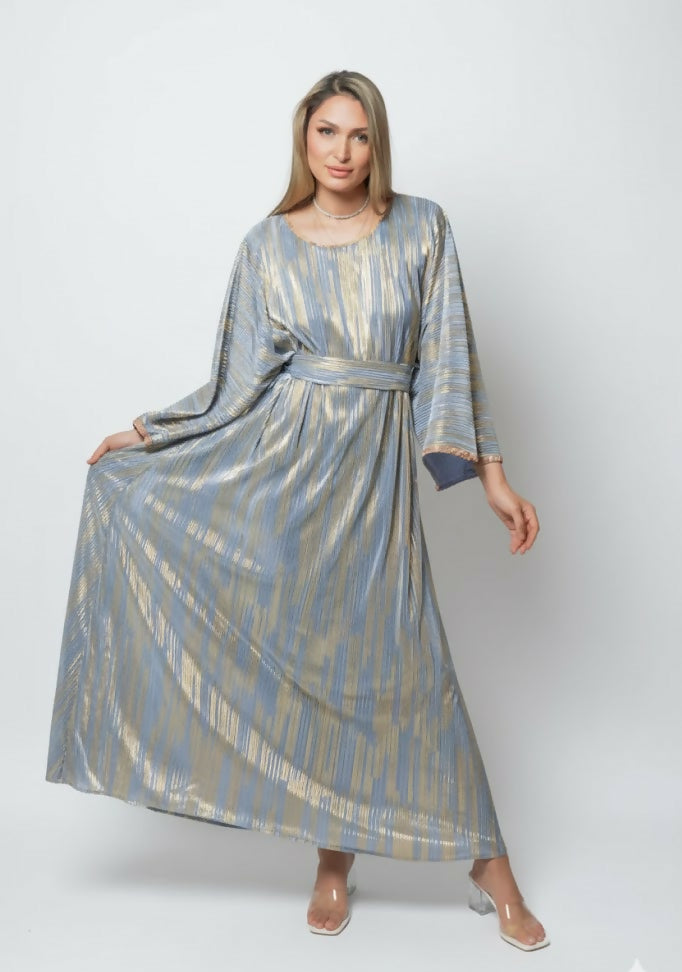 Modern Jalabiya with Belt and Golden Striped Sleeves in Blue Free Size