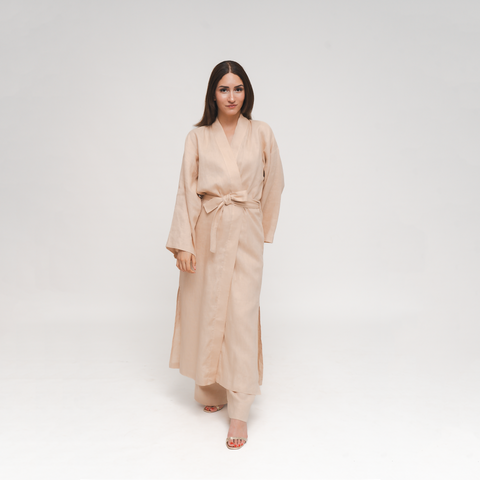 Reese, Italian Linen Kimono Midcalf Jacket in Beige