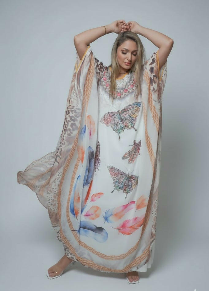 Handcrafted Embroidered Two-piece Silky Kaftan in Multicolour Digital Print Free Size