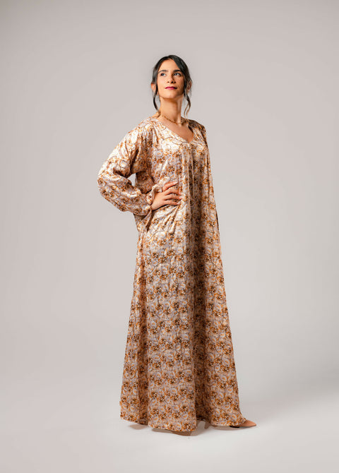 Dress-Jellabiya- Patterned Silk long Loose Style - With A luxury mixture of Gold Flowers color-Sleeves with lace