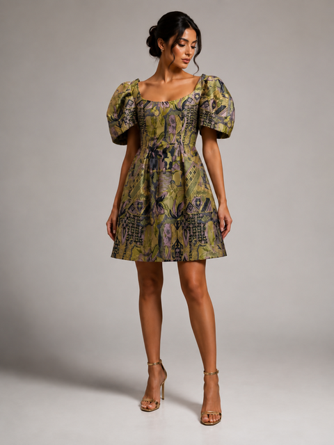 Icona Stile Jacquard Puff-Sleeve Mini Dress