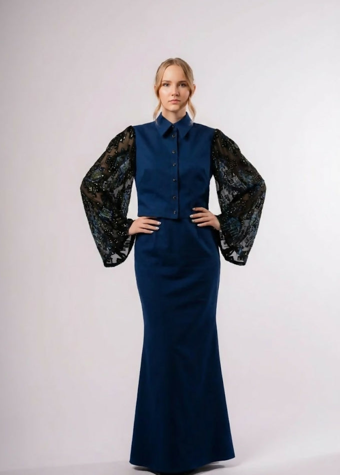 Denim Skirt And Blouse, Shiny Sleeves