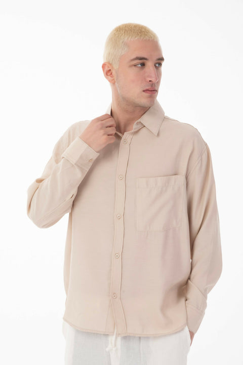 Stand Collar Single Pocket Detailed Long Sleeve Modal Shirt - Beige
