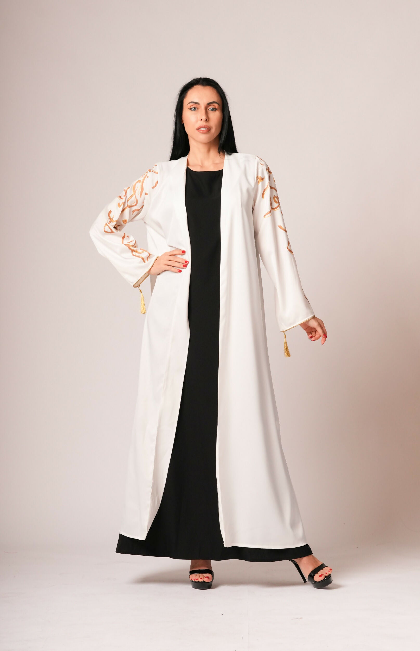 ELT Women Abaya White Dress Gold Printed Elegant Comfortable 9680-1 Model