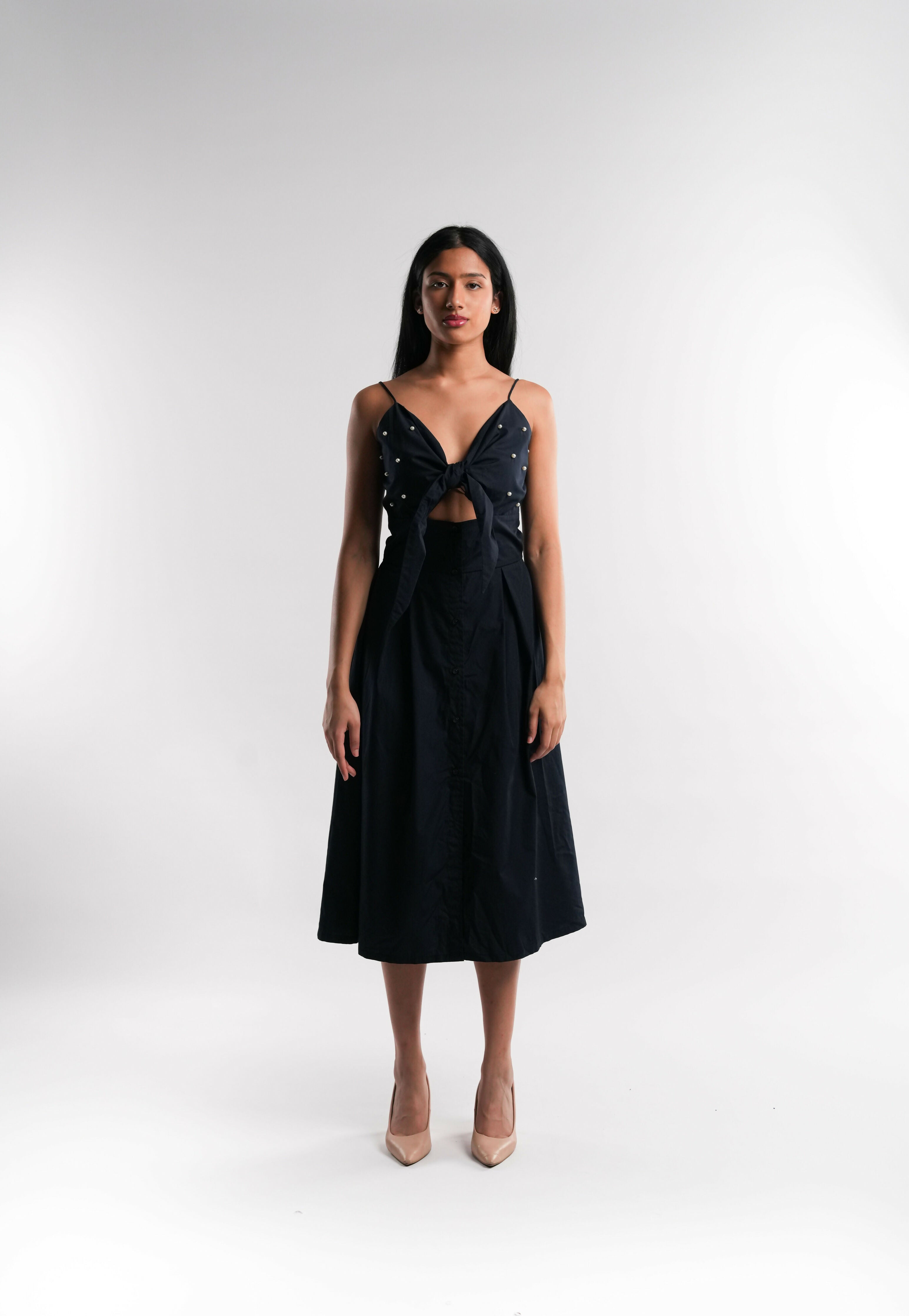 Navy Blue Cotton Dress with Pearl Details