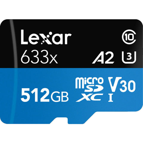 LEXAR عالي الأداء 512 جيجابايت 633X MICROSDXC UHS-I مع محول SD، ما يصل إلى 100 ميجابايت/ثانية قراءة 70 ميجابايت/ثانية كتابة C10 A2 V30 U3 