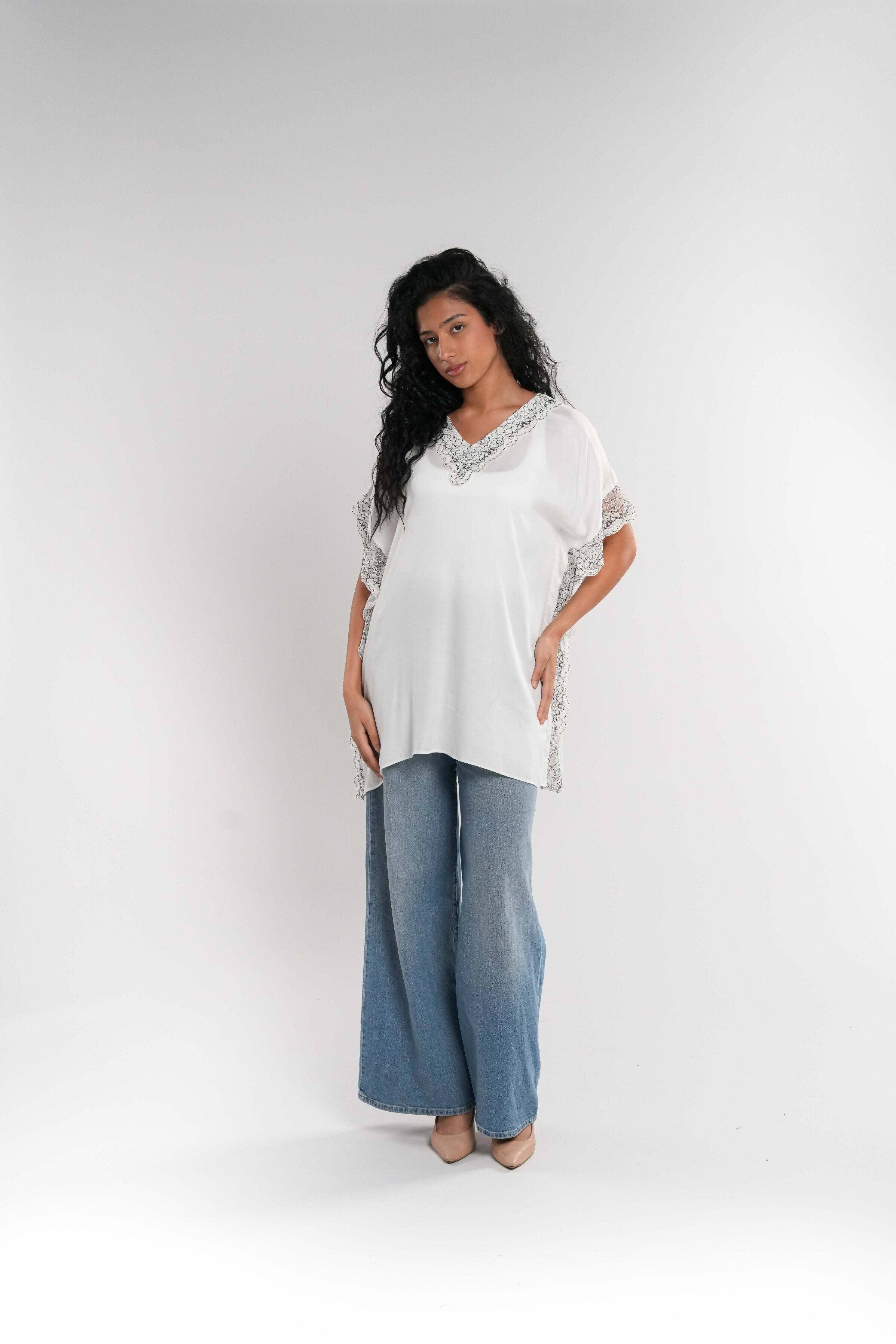 White Short Tunic with Lace Side Panels