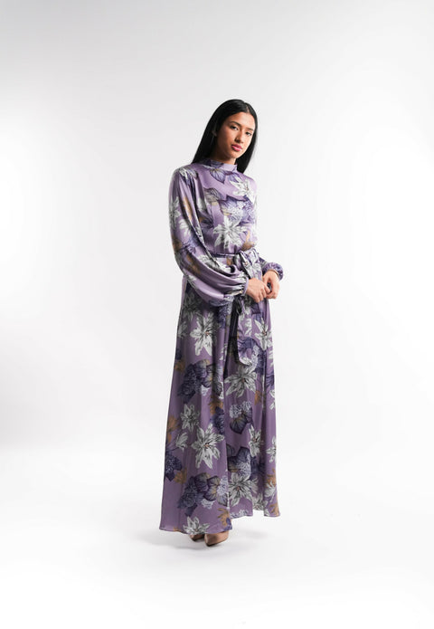Purple Silk Floral High Neck Dress