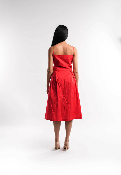 Red Cotton Dress with Pearl Details