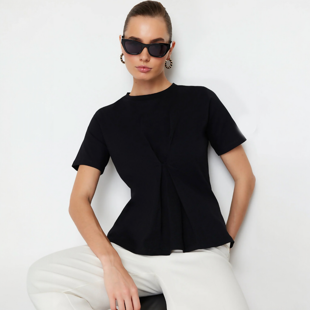 MY PEANUT Ece Pleated Cotton T-shirt in Black