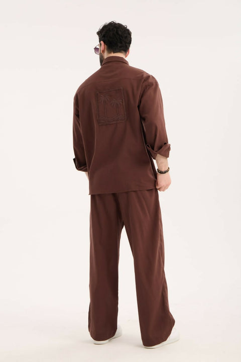 Embroidered Detail Shirt & Pants Set- Brown