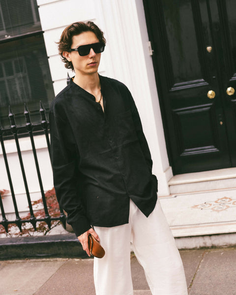 Mandarin Collar, Single Pocket Detail, Long Sleeve Cotton Shirt - Black