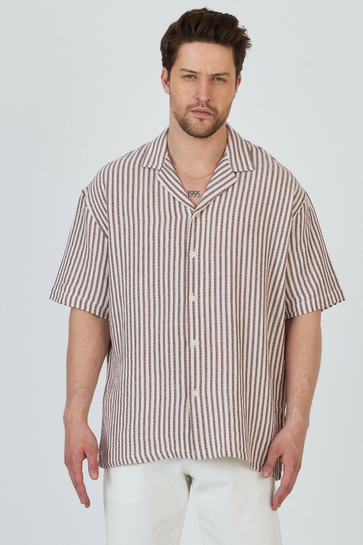 Apache Collar Short Sleeve Striped Muslin Shirt - Burgundy