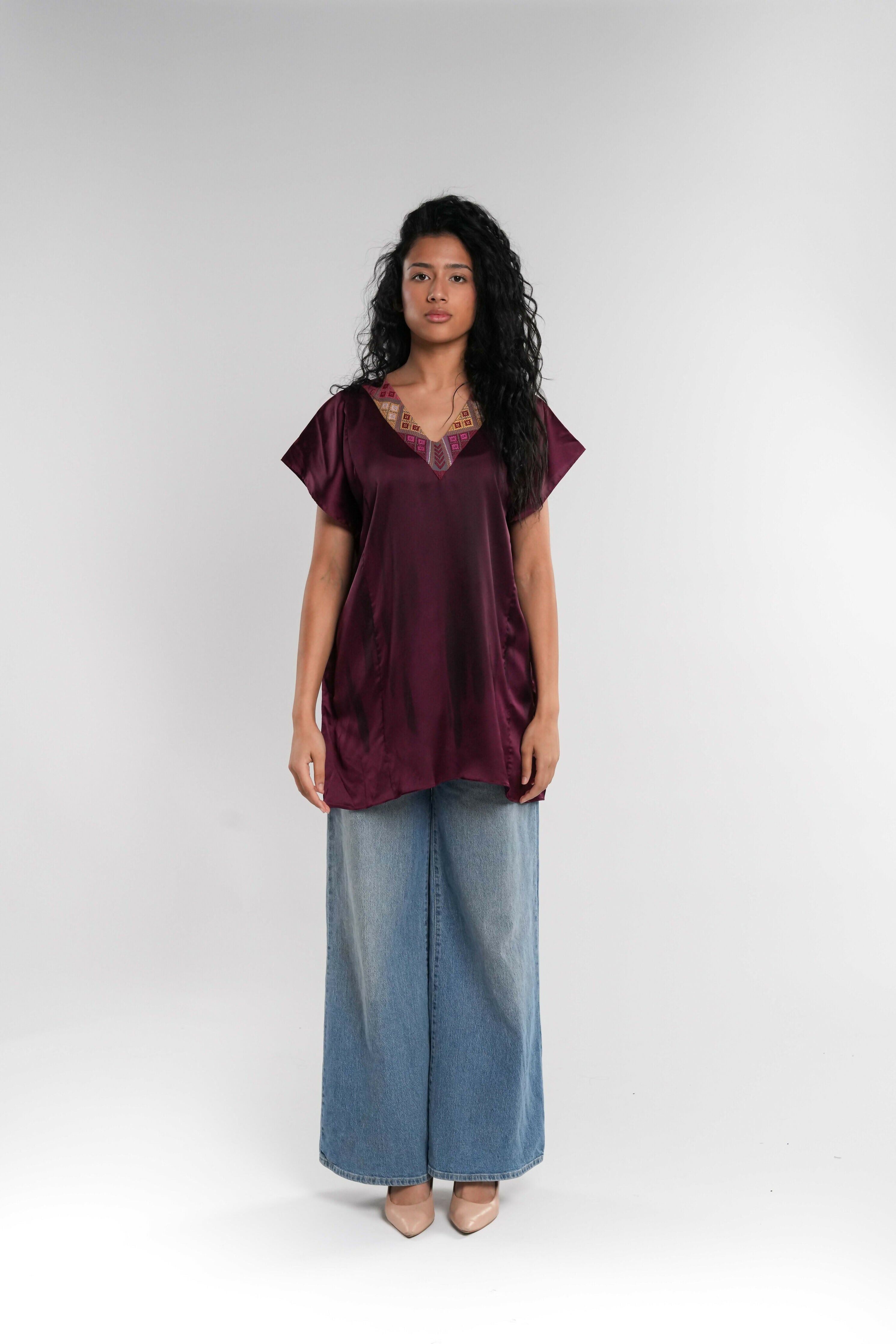 Purple Tunic with Embroidered Neckline