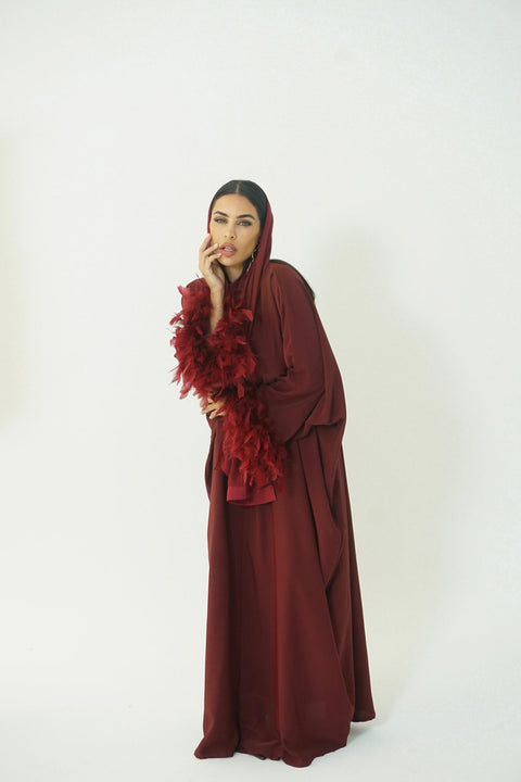 AMK COUTURE Abaya Feather Ruby Burgundy