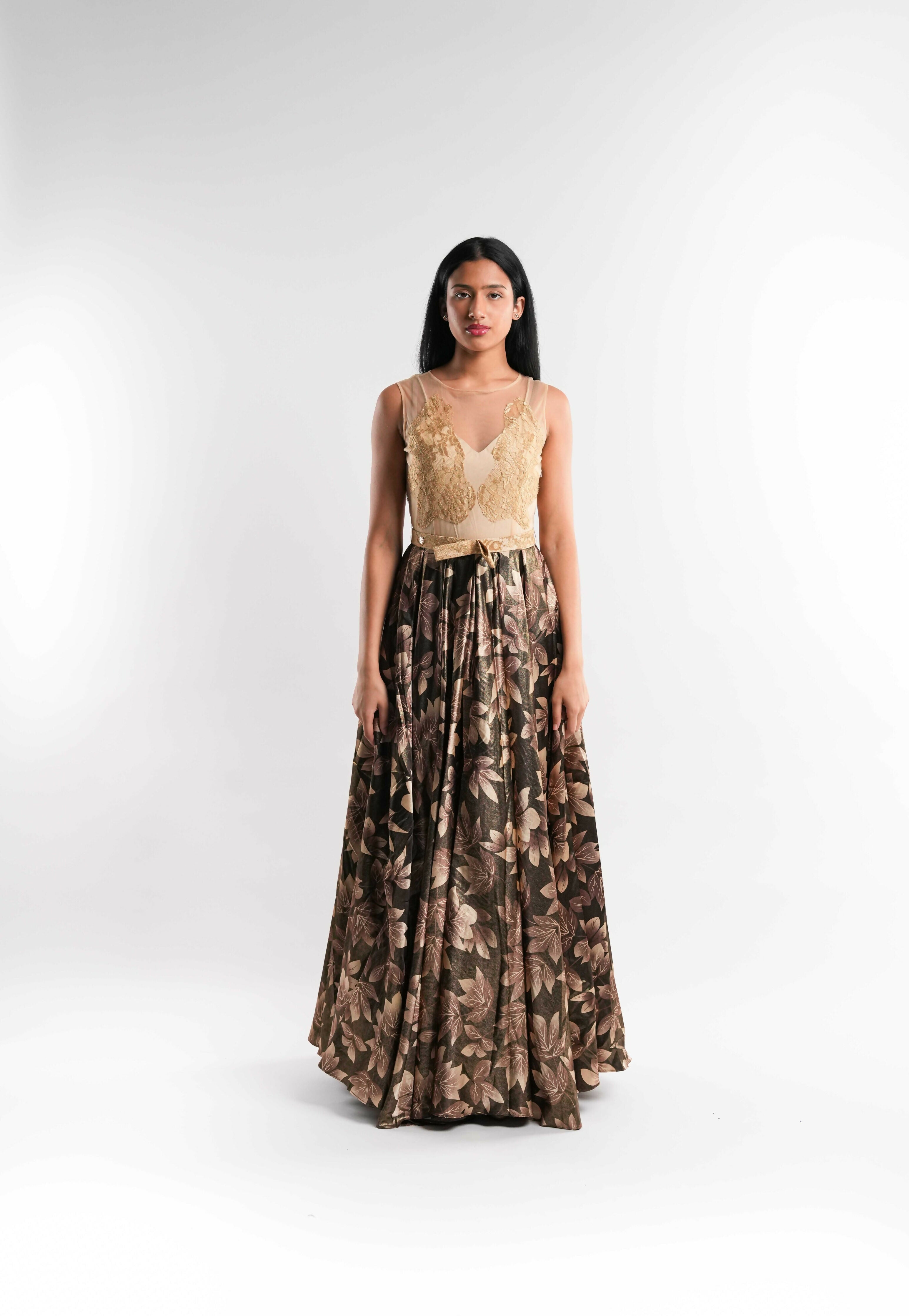 Jacquard Dress with Tulle Design Belted