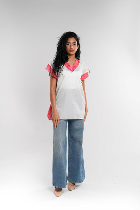 White Cotton Short Tunic with Contrast Panels