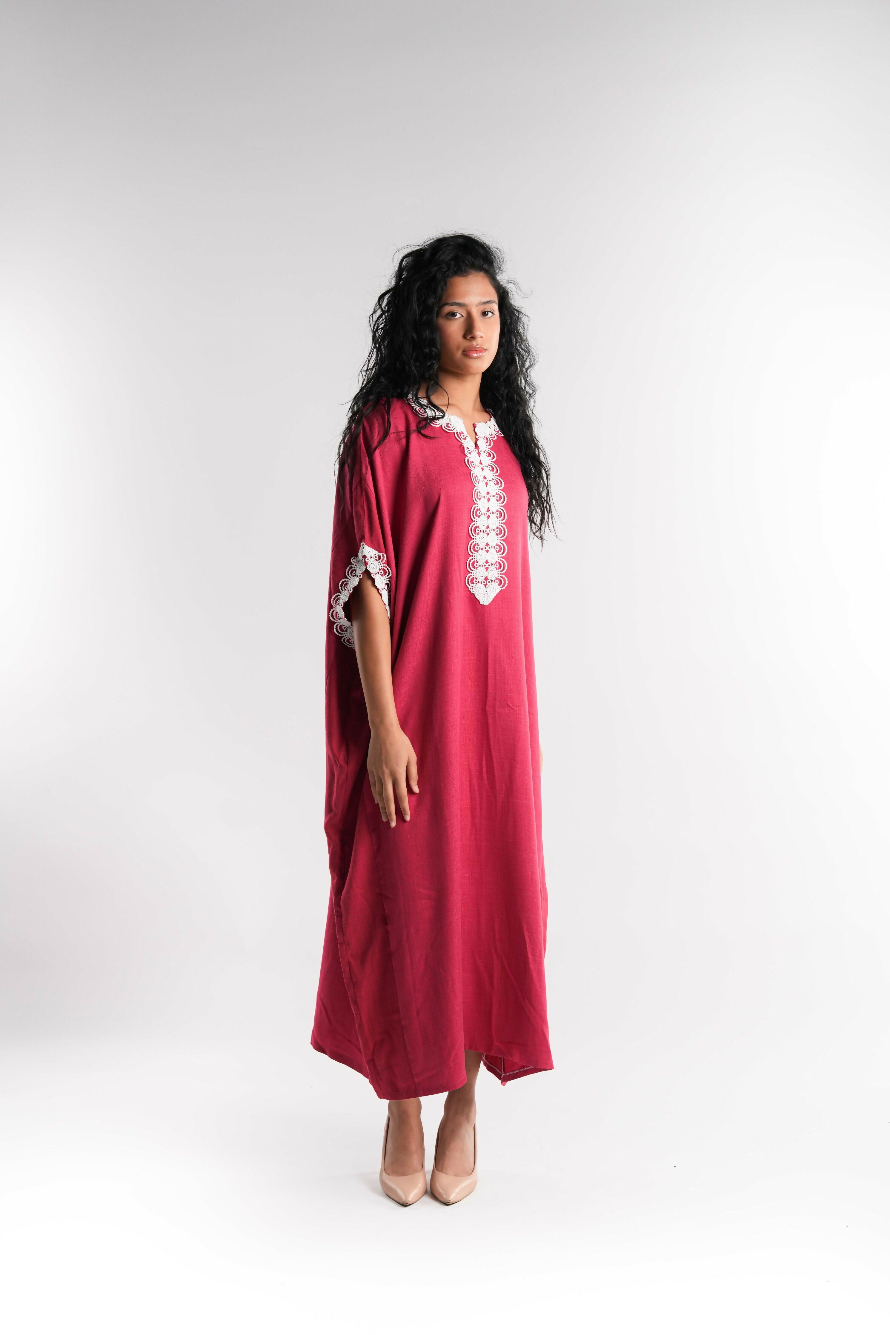 Maroon Mix Linen Abaya with Embroidered Neckline