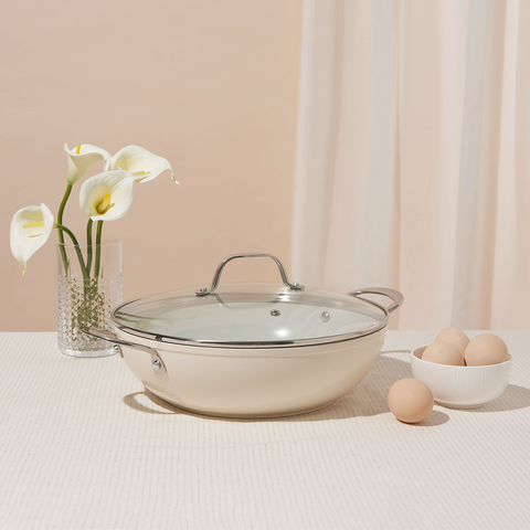28cm Wok with Glass Lid - Cream