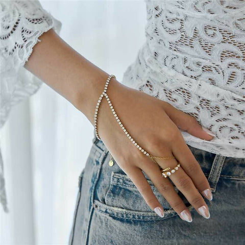 Calina – Three-Layer CZ Hand & Finger Bracelet, 18K Gold Finish