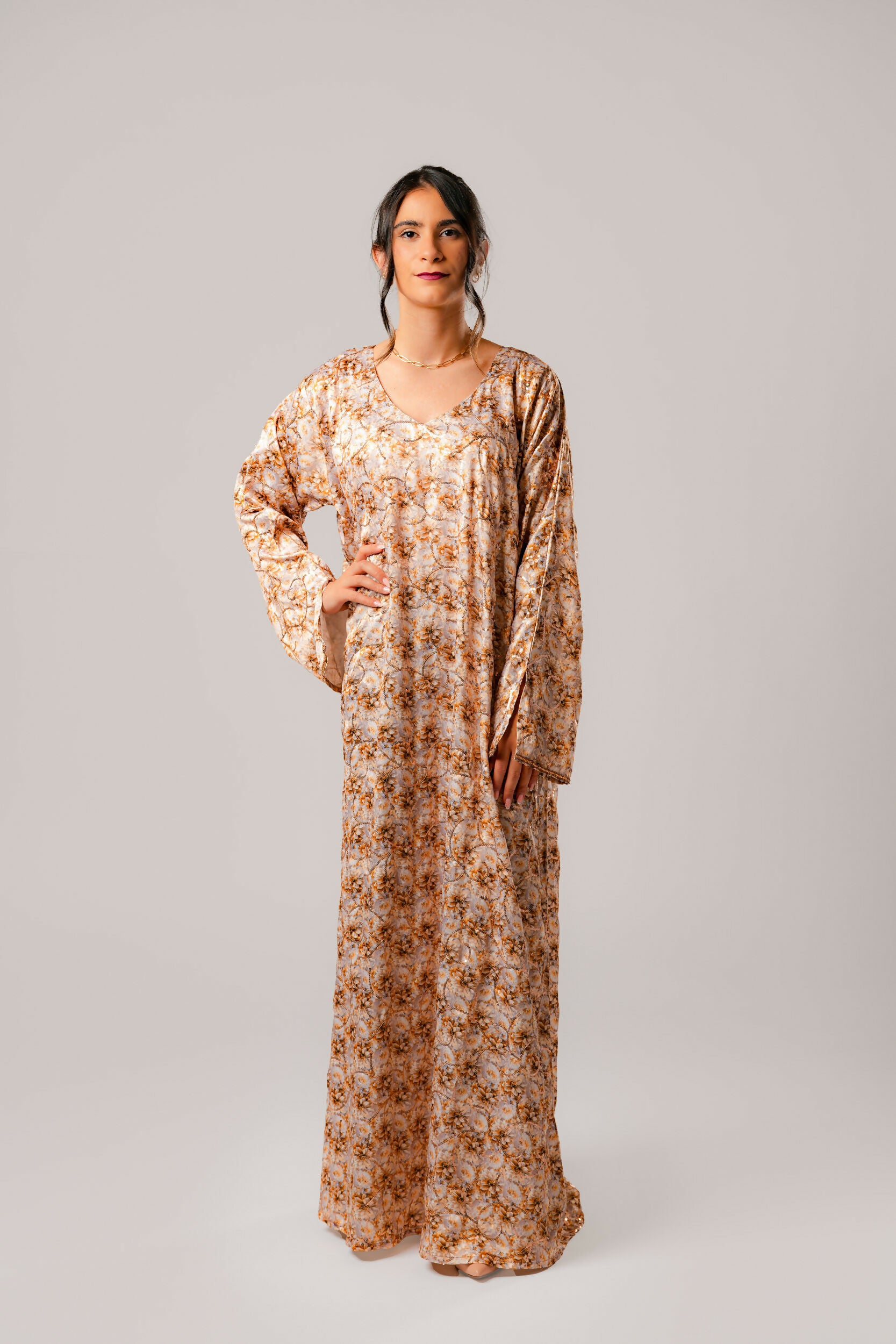 Dress-Jellabiya- Patterned Silk long Loose Style - With A luxury mixture of Gold Flowers color-Sleeves with lace