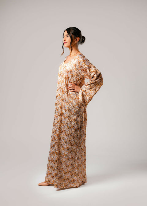 Dress-Jellabiya- Patterned Silk long Loose Style - With A luxury mixture of Gold Flowers color-Sleeves with lace