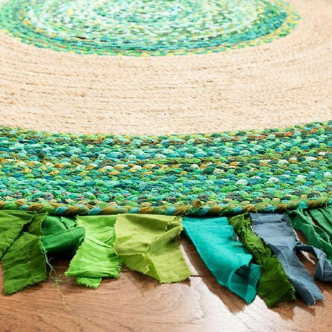 Cotton Jute and Tassel Braided Green Carpet