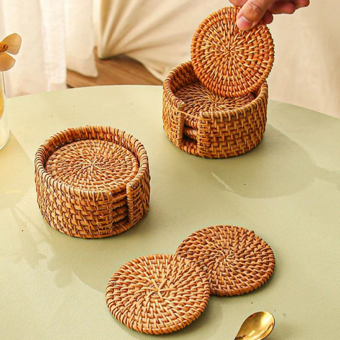 Round Rattan Coaster Set of 6 with holder