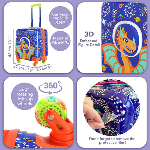 Milk&Moo 18-inch Kids Carry-On Luggage with 360° Glowing Light-Up Wheels, Ponix