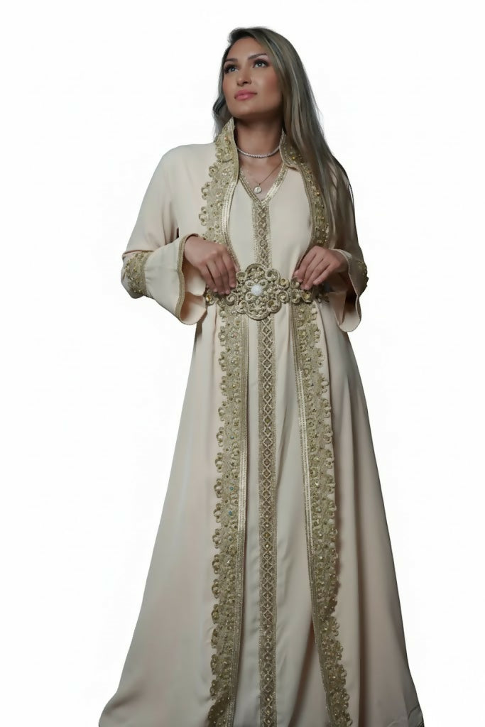 Handcrafted Embroidered Two-piece Silky Kaftan with Belt in Beige Free Size
