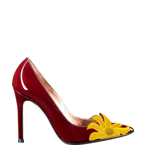 Sunflower in maroon high heels