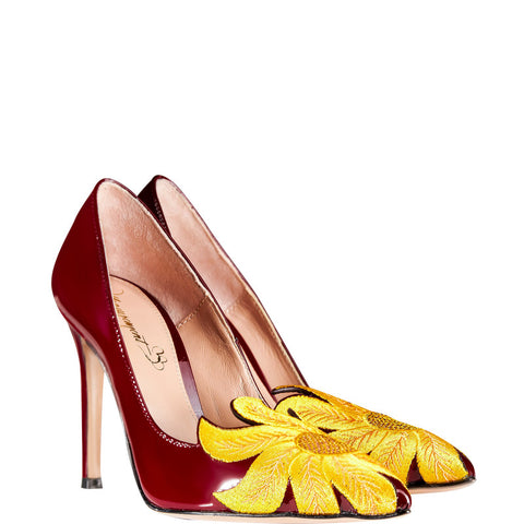 Sunflower in maroon high heels