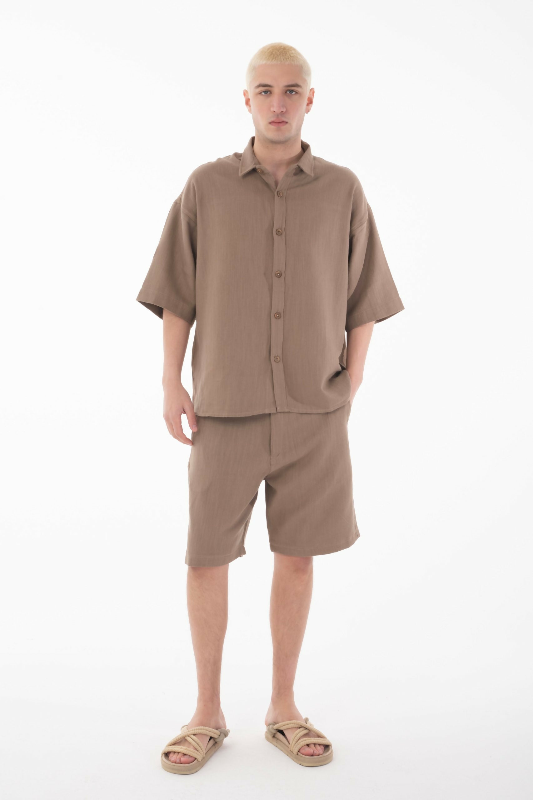 Linen Co-ord Set with Stand Collar Shirt - Brown