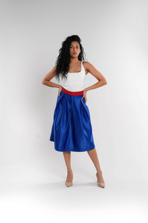 Blue Satin Skirt with Red Belt