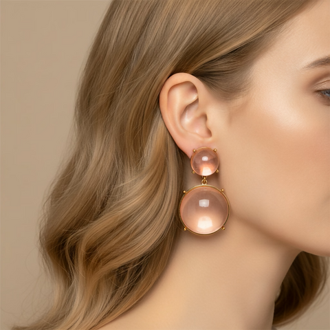 Modern Double Round Amber Resin Geometric Drop Earrings - Pink