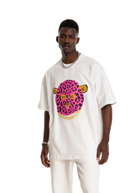 Bear In Balaclava Oversize T-Shirt in White & Pink