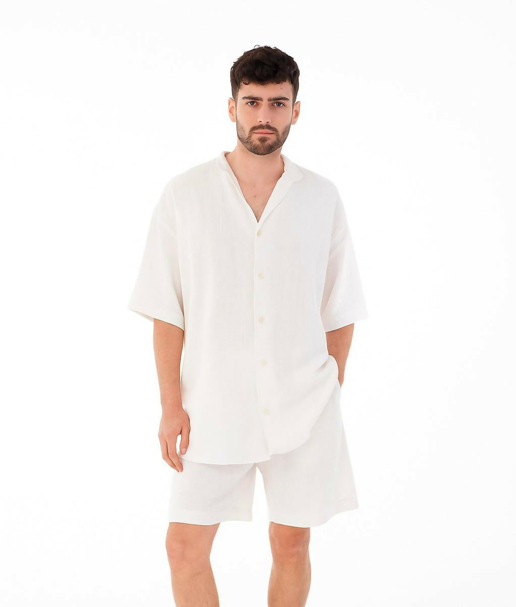 Mandarin Collar Linen Shirt & Shorts Set - White