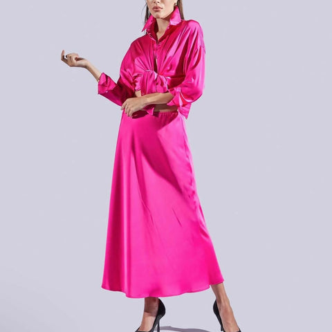 Pink Silk Classic Button-Down Design Shirt And Elegant Skirt