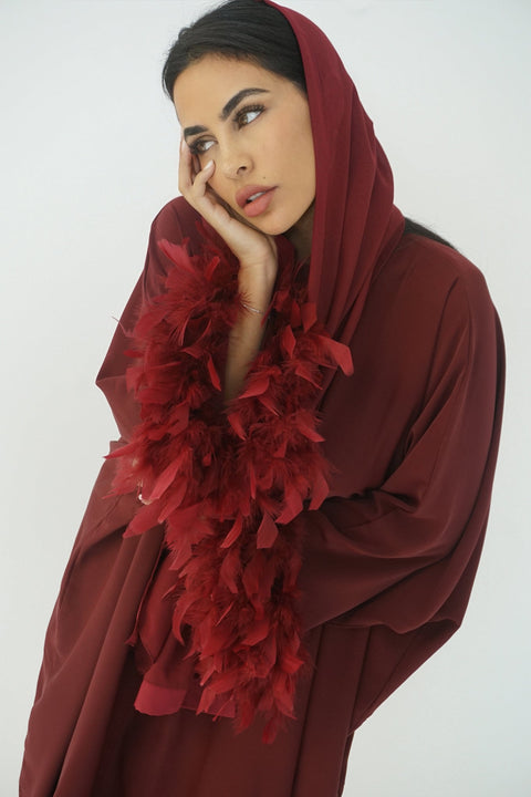 AMK COUTURE Abaya Feather Ruby Burgundy