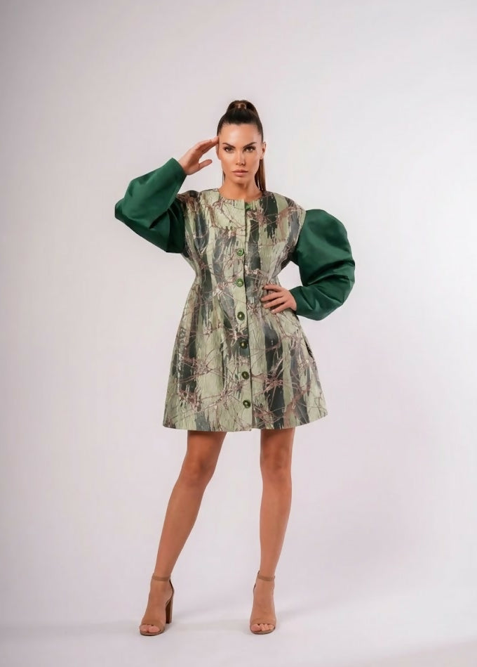 Green And Gold Short Dress With Wide Sleeves