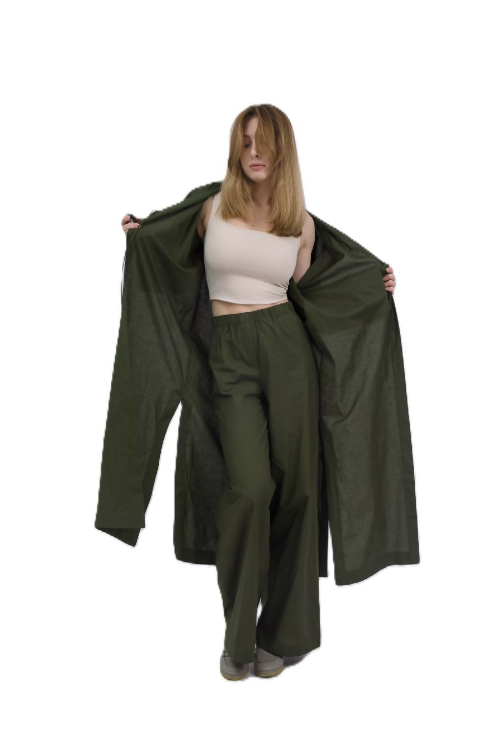 Cotton Suit With Trousers And Cape Dark Green
