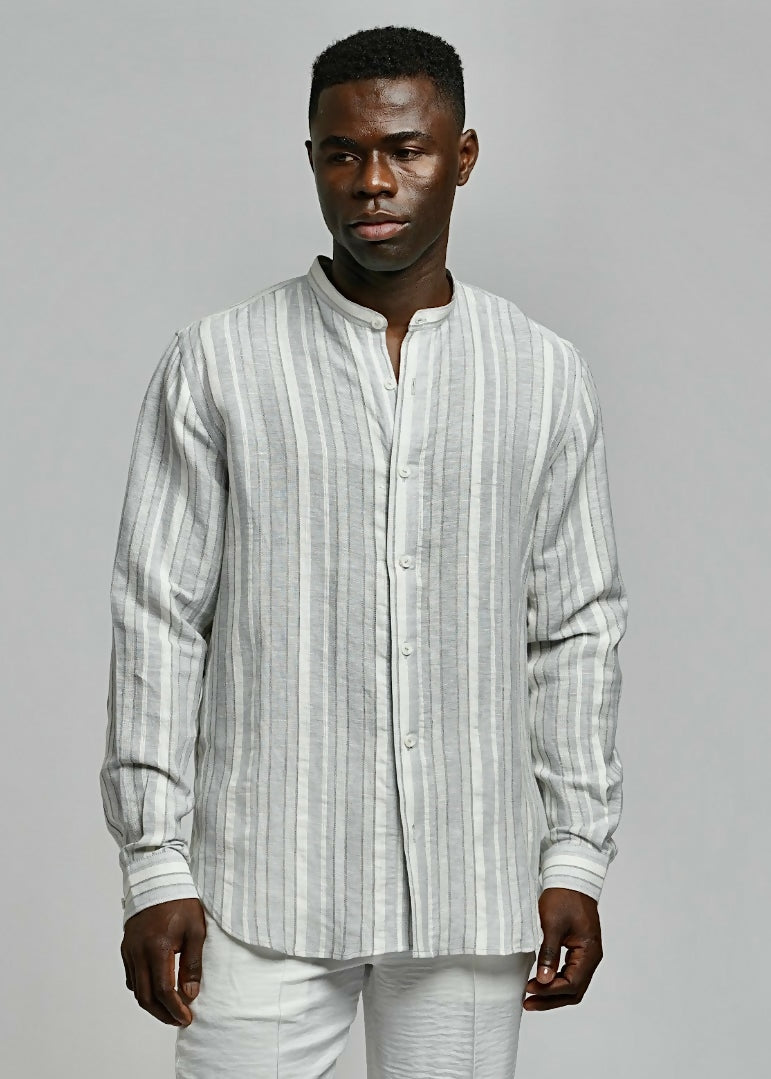 LS Grandad Collar Stripe Sky Blue