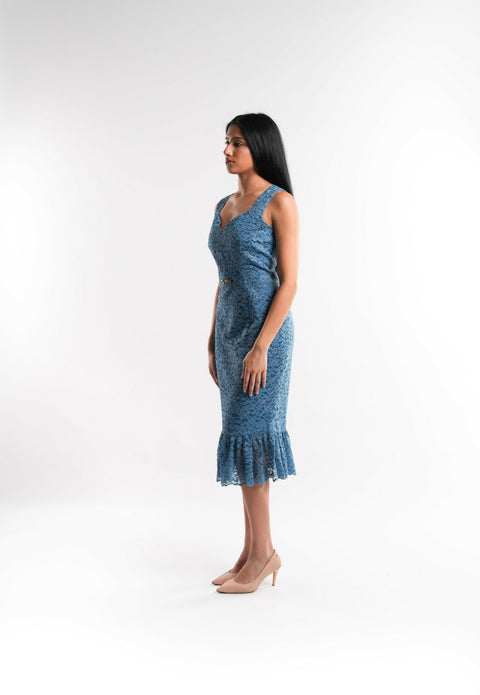 Blue Lace Dress with Crystal Waist Detail